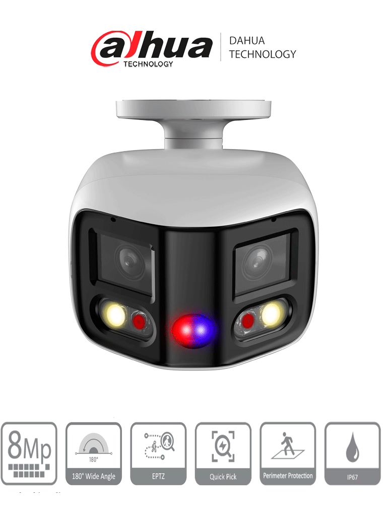 DH-IPC-PFW3849S-A180-AS-PV CAMARA DUAL TIOC 2 X 4MP CON ANGULO DE VISION 180 GRADOS CON IP67 ALARMA SONORA Y LUCES