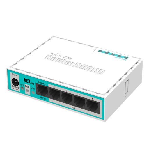HEX LITE WITH 850MHZ CPU, 64MB RAM, 5 LAN PORTS, ROUTEROS L4, PLASTIC CASE, PSU